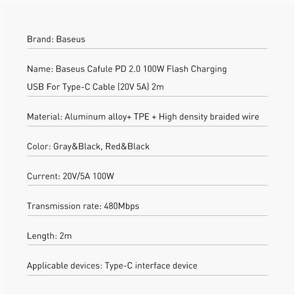 Baseus Cafule nylonowy kabel przewód USB Typ C Power Delivery 2.0 100W 20V 5A 2m szary (CATKLF-ALG1)-2148605