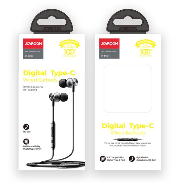 Joyroom dokanałowe słuchawki USB Typ C z pilotem i mikrofonem czarny (JR-EC04 Black)-2254119