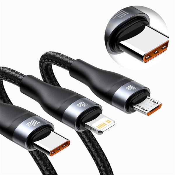 Baseus 3w1 kabel USB / USB Typ C - USB Typ C / Lightning / micro USB (5 A - 100 W / 20 W / 18 W) 1,2 m Power Delivery Quick Charge zielony (CA2T3-06)-2179011