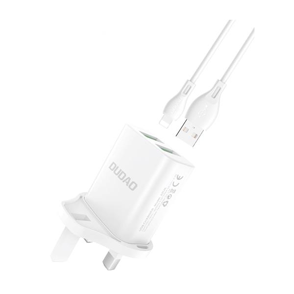 Dudao ładowarka sieciowa z wtyczką UK (Wielka Brytania) 2xUSB-A 2.4A biała + kabel USB-A - microUSB 1m-3108663