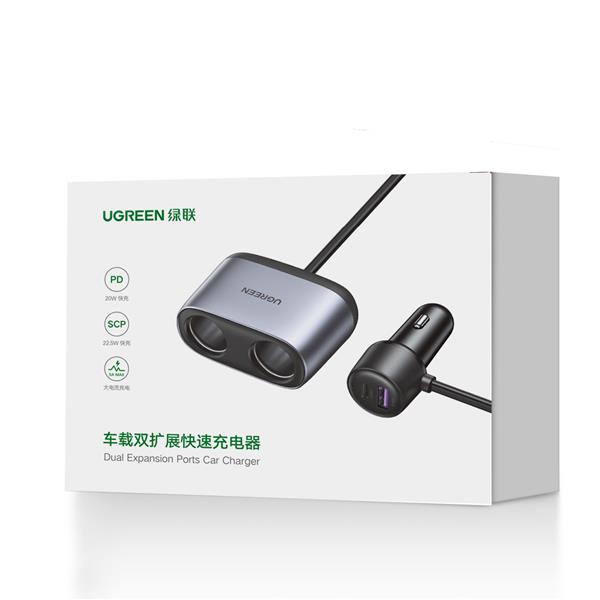 Ugreen ładowarka samochodowa USB / USB Typ C z rozdzielaczem 2x gniazdo samochodowe szary (CD252 30886)-2240175