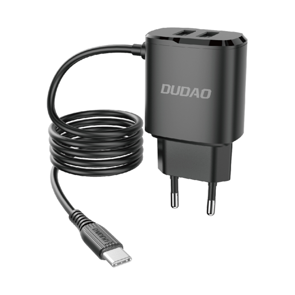 Dudao ładowarka sieciowa 2x USB z wbudowanym kablem USB Typ C 12 W czarny (A2ProT black)-2167454