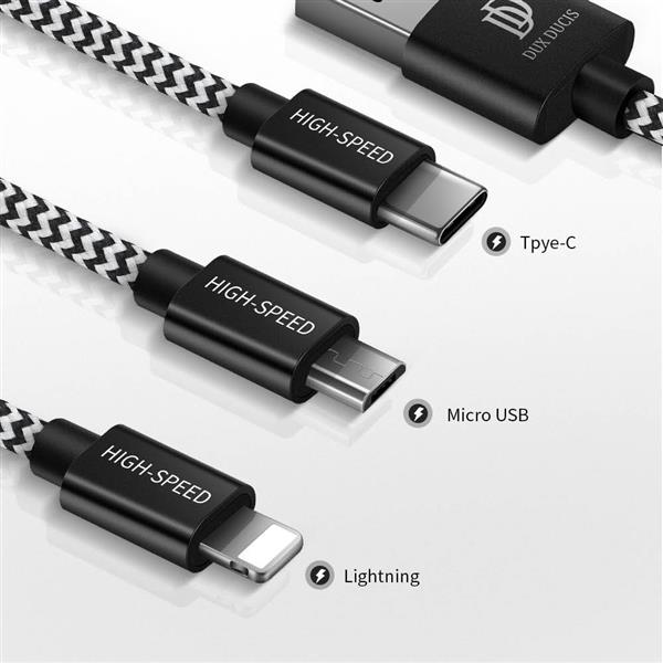Dux Ducis K-ONE 3in1 Series nylonowy kabel przewód 3w1 USB - micro USB / Lightning / USB-C 2.4A 1,2M czarny-2378535