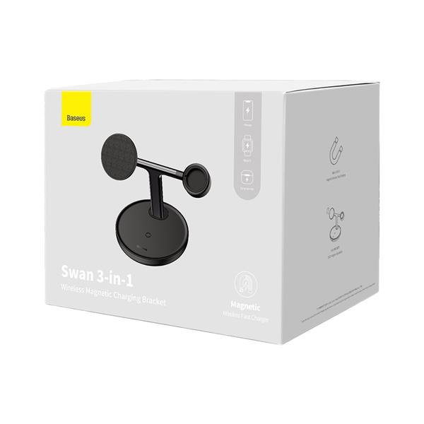 Baseus Swan ładowarka indukcyjna (kompatybilna z MagSafe) stojak do iPhone, Apple Watch, AirPods + kabel USB-C 1m czarny (WXTE000101)-2395677