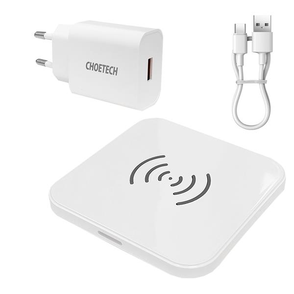 Choetech zestaw ładowarka bezprzewodowa Qi 10W do telefonu słuchawek czarny (T511-S) + ładowarka sieciowa EU 18W biała (Q5003)  + kabel USB - microUSB 1,2m biały-2608474