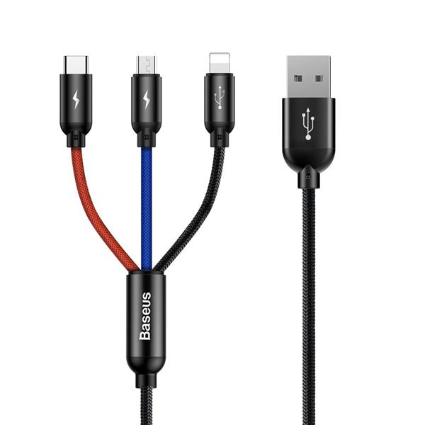 Baseus Three Primary Colors kabel 3w1 USB - micro USB / Lightning / USB-C w nylonowym oplocie 3.5A 1,2M czarny (CAMLT-BSY01)-2142486