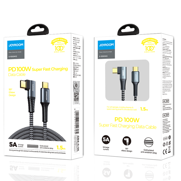 Joyroom kątowy kabel przewód USB Typ C - USB Typ C Power Delivery 100W 5A 1,5m szary (S-1550N12 C-C gray)-2246350