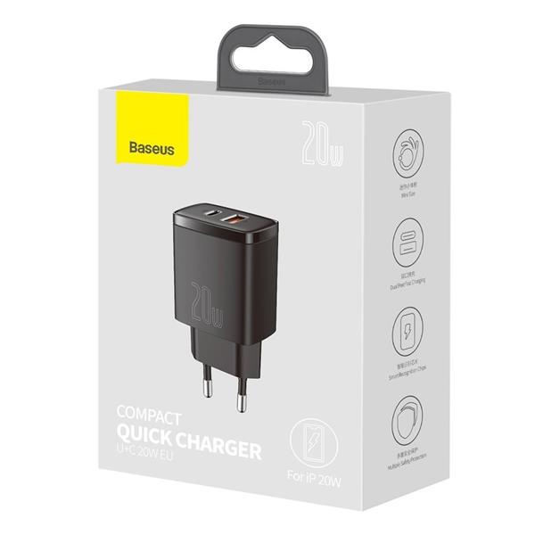 Baseus Compact szybka ładowarka sieciowa USB / USB Typ C 20W 3A Power Delivery Quick Charge 3.0 czarny (CCXJ-B01)-2208929