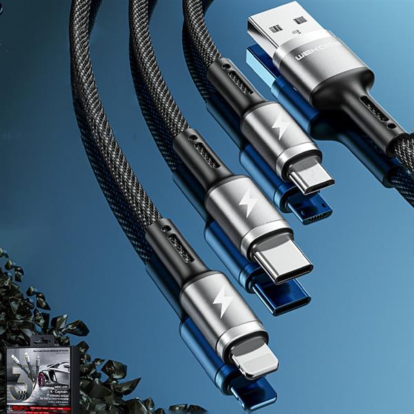 WK Design Gaming Series kabel 3w1 z końcówkami USB - USB Typ C / Lightning / micro USB 1,2m 3A czarny (WDC-150)-2276623