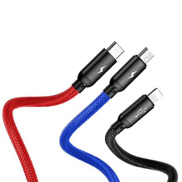 Baseus Three Primary Colors kabel 3w1 USB - micro USB / Lightning / USB-C w nylonowym oplocie 3.5A 1,2M czarny (CAMLT-BSY01)-2142496