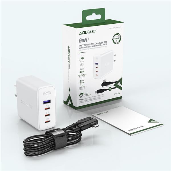 Acefast szybka ładowarka sieciowa GaN 3xUSB-C/1xUSB-A 100W biała + kabel kątowy USB-C - USB-C 100W 2m biały-2616765