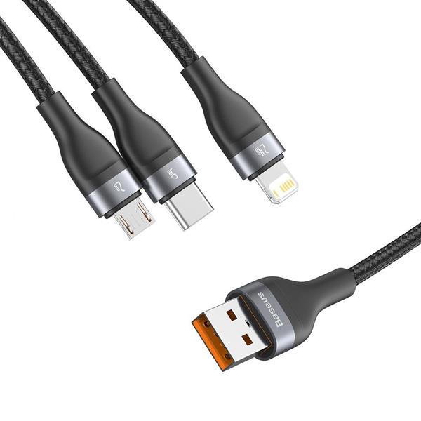 Baseus 3w1 kabel USB - Lightning / USB Typ C / micro USB (ładowanie 5 A / przesyłanie danych 480 Mbps) 1,2 m 40 W czarno-szary (CA1T3-G1)-2167491