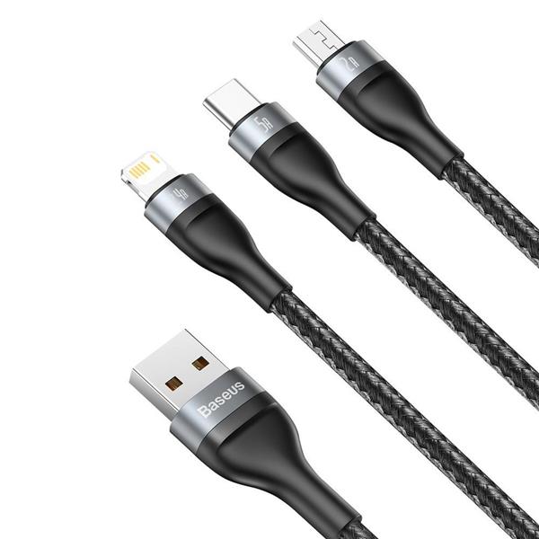 Baseus 3w1 kabel USB - Lightning / USB Typ C / micro USB (ładowanie 5 A / przesyłanie danych 480 Mbps) 1,2 m 40 W czarno-szary (CA1T3-G1)-2167486