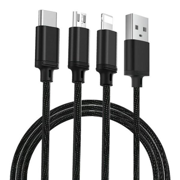 Remax Agile nylonowy kabel 3w1 USB - micro USB / Lightning / USB Typ C 2.8A 1m czarny (PD-B31th black)-2147287