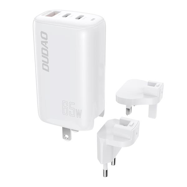 Dudao 3-portowa ładowarka GaN 3w1 (EU, US, UK) 2 x Typ C (PD) + USB (QC) 65W biała (A7PRO)-2220049