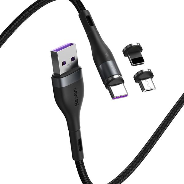 Baseus kabel magnetyczny 3w1 Zinc USB - Lightning + USB-C + microUSB 1,0 m 5A szaro-czarny-2107866