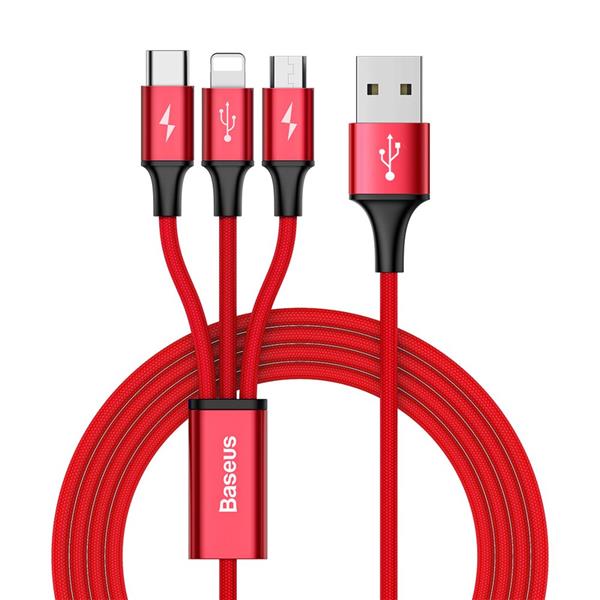 Baseus Rapid kabel 3w1 USB - micro USB / Lightning / USB-C w nylonowym oplocie 3A 1,2M czerwony (CAMLT-SU09)-2142541