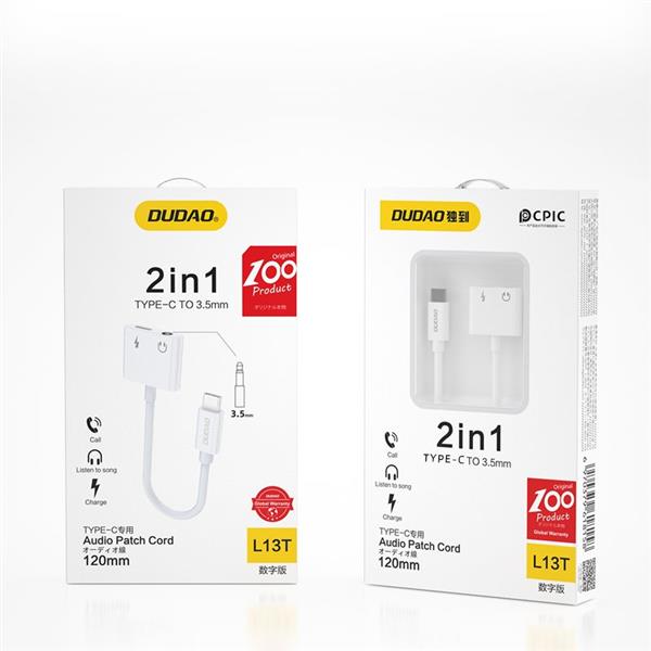 Dudao adapter przejściówka rozdzielacz słuchawkowy USB Typ C - USB Typ C / 3,5 mm mini jack biały (L13T white)-2157007
