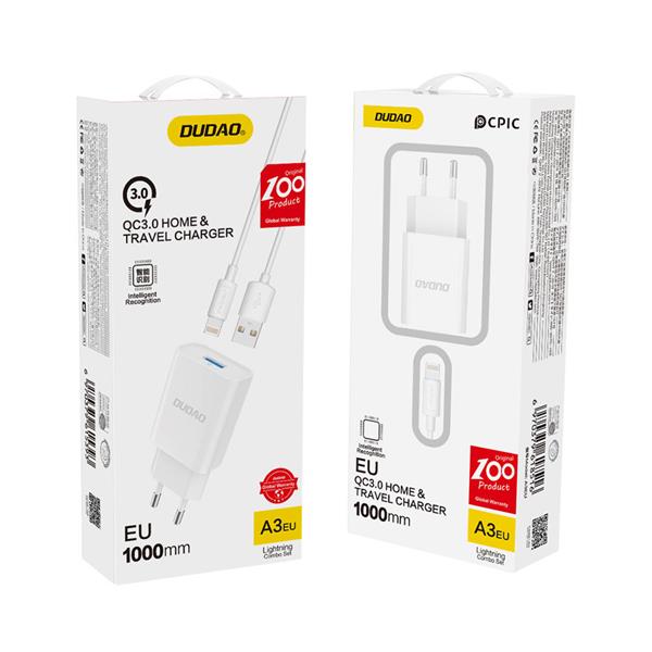 Dudao ładowarka sieciowa USB QC3.0 12W biały + kabel Lightning 1m (A3EU)-2270480