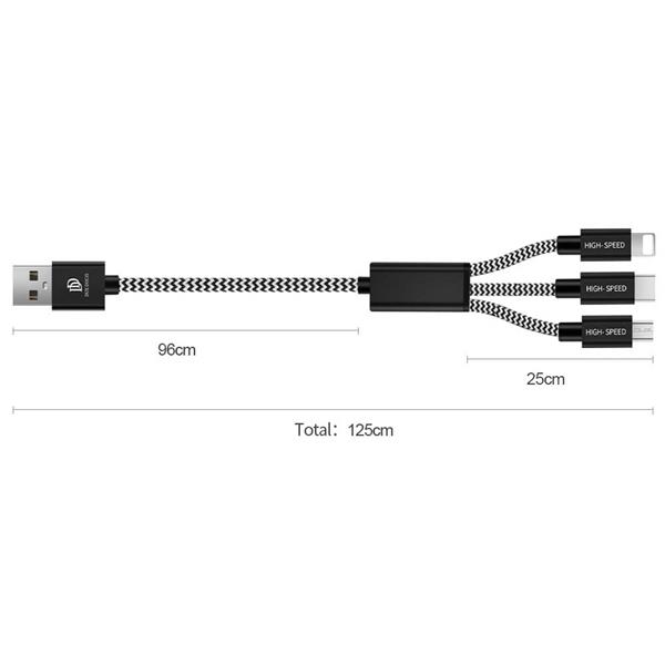 Dux Ducis K-ONE 3in1 Series nylonowy kabel przewód 3w1 USB - micro USB / Lightning / USB-C 2.4A 1,2M czarny-2378534