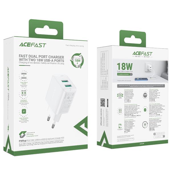 Acefast ładowarka sieciowa 2x USB 18W QC 3.0, AFC, FCP biały (A33 white)-2405712