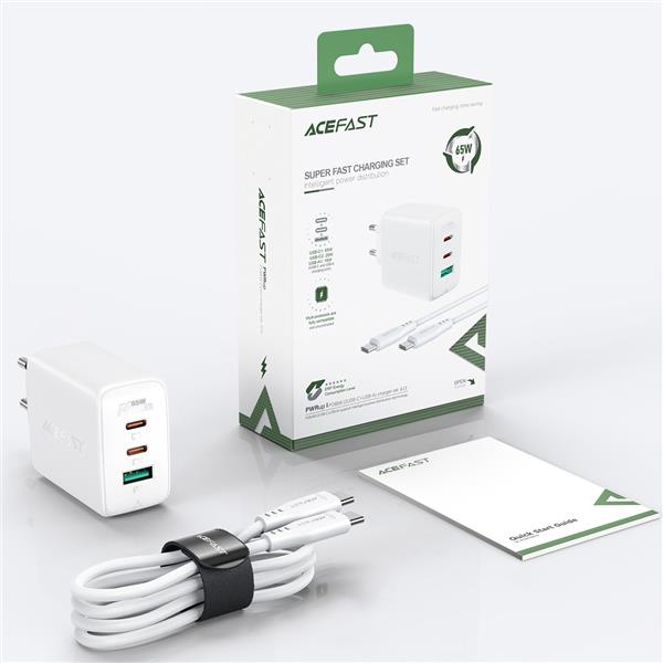 Acefast 2w1 ładowarka sieciowa 2x USB Typ C / USB 65W, PD, QC 3.0, AFC, FCP (zestaw z kablem) biały (A13 white)-2269646