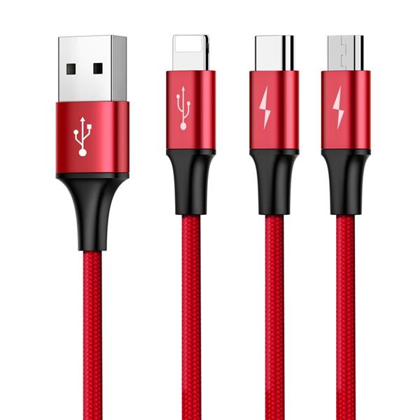 Baseus Rapid kabel 3w1 USB - micro USB / Lightning / USB-C w nylonowym oplocie 3A 1,2M czerwony (CAMLT-SU09)-2142544