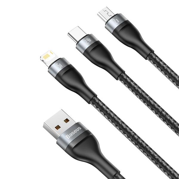 Baseus 3w1 kabel USB - Lightning / USB Typ C / micro USB (ładowanie 5 A / przesyłanie danych 480 Mbps) 1,2 m 40 W czarno-szary (CA1T3-G1)-2167492