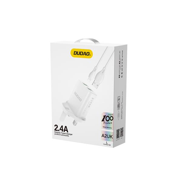 Dudao ładowarka sieciowa wtyczka UK (Wielka Brytania) 2xUSB-A 2.4A biała + kabel USB-A - Lightning biały-2950926