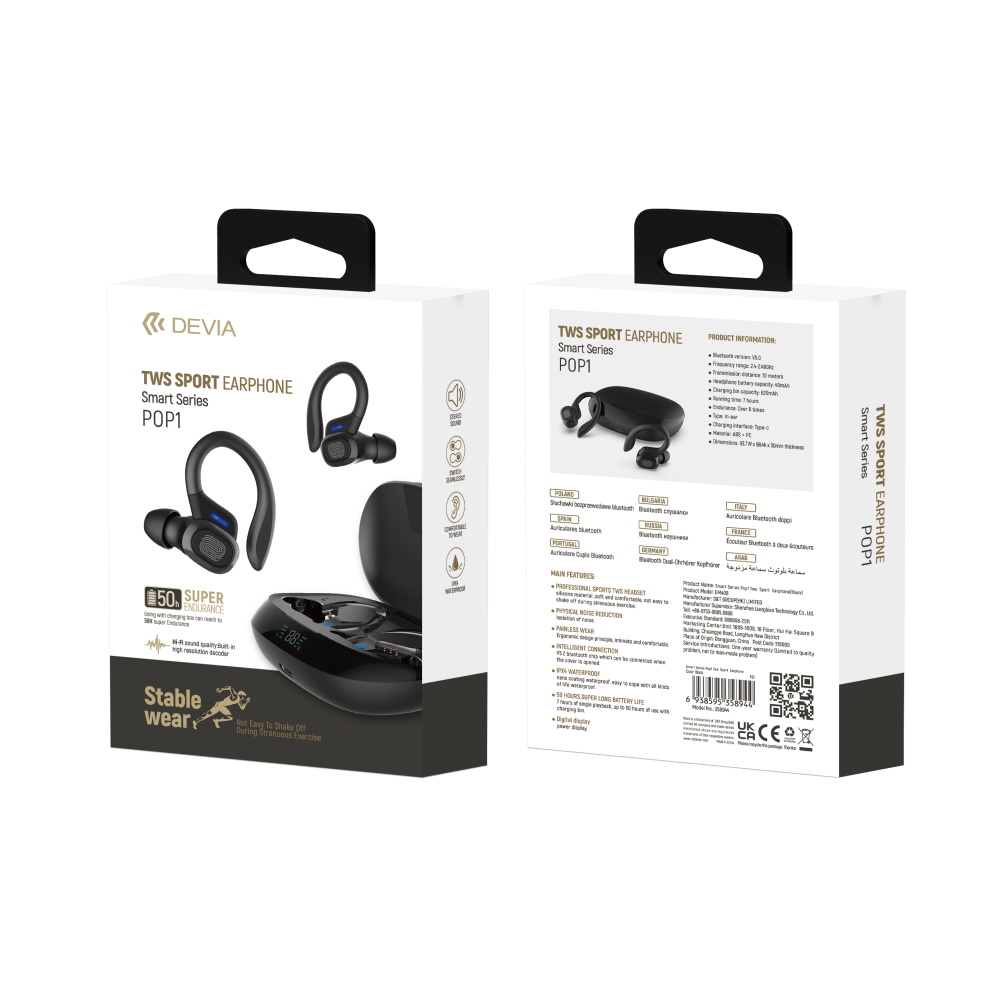 Devia słuchawki Bluetooth TWS Pop1 czarne sportowe-2069786