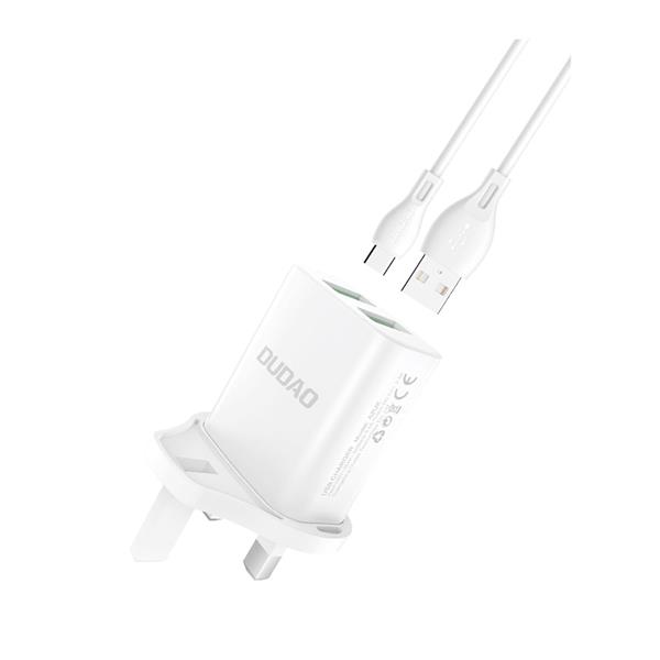 Dudao ładowarka sieciowa wtyczka UK (Wielka Brytania) 2xUSB-A 2.4A biała + kabel USB-A - USB-C biały-2950918
