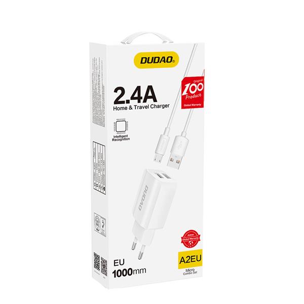 Dudao ładowarka sieciowa EU 2x USB 5V/2.4A + kabel micro USB biały (A2EU + Micro white)-2148452