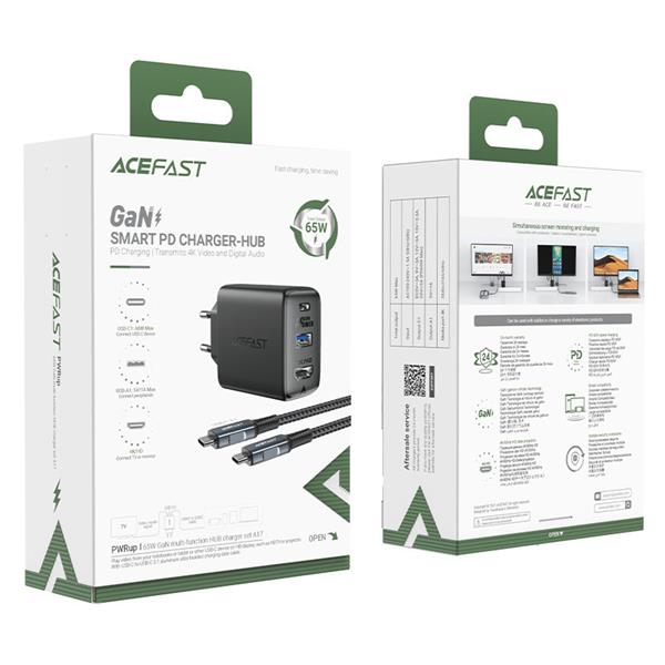 Acefast 2w1 ładowarka sieciowa GaN 65W USB Typ C / USB, adapter przejściówka HDMI 4K@60Hz (zestaw z kablem) czarny (A17 black)-2380737