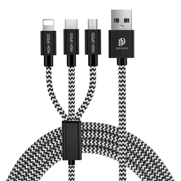 Dux Ducis K-ONE 3in1 Series nylonowy kabel przewód 3w1 USB - micro USB / Lightning / USB-C 2.4A 1,2M czarny-2378530