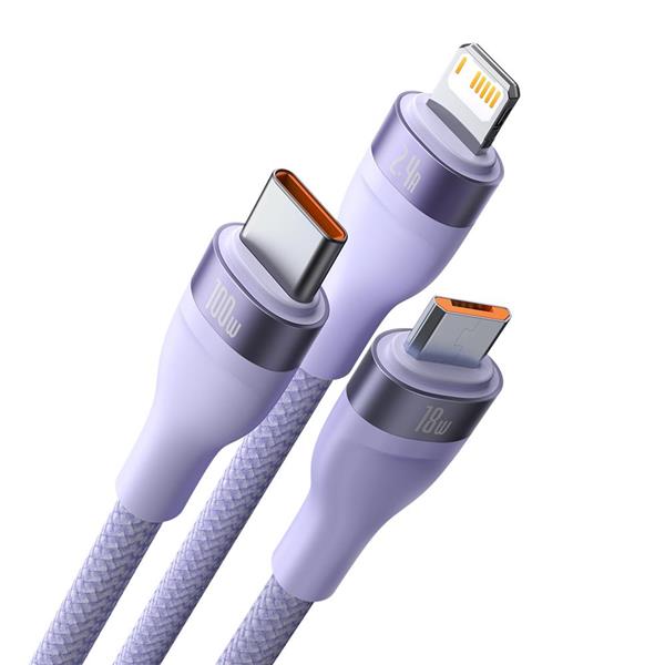 Baseus kabel 3w1 Flash II USB + USB-C - Lightning + USB-C + microUSB 1,5 m 3,5A fioletowy 100W-3000115