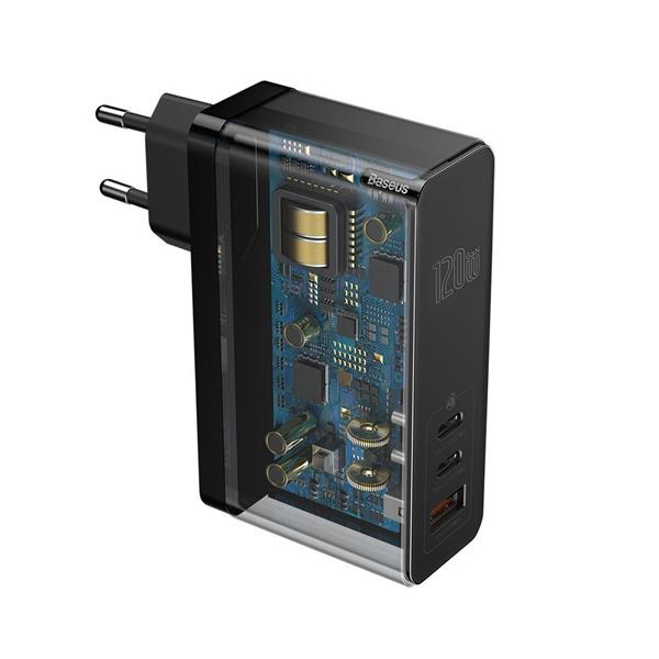 Baseus GaN Mini szybka ładowarka 2x USB Typ C / USB 120 W Power Delivery 3.0 Quick Charge 4+ SCP FCP AFC + kabel USB Typ C (100 W - 20V / 5 A 1 m) czarny (CCGAN-J01)-2185958
