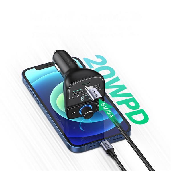Ugreen Transmiter FM Bluetooth 5.0 ładowarka samochodowa MP3 3x USB TF micro SD 4,8 A czarny (CD229)-2212823