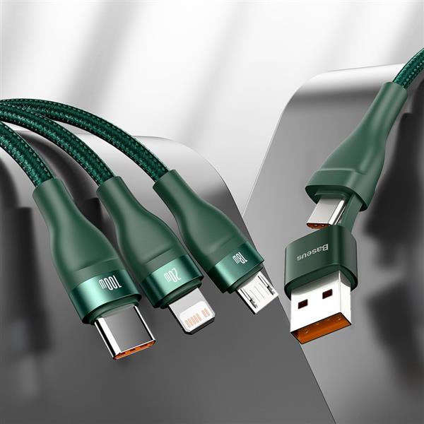 Baseus 3w1 kabel USB / USB Typ C - USB Typ C / Lightning / micro USB (5 A - 100 W / 20 W / 18 W) 1,2 m Power Delivery Quick Charge zielony (CA2T3-06)-2179002