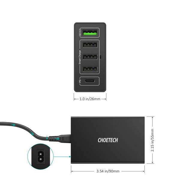 Choetech ładowarka sieciowa 4x USB / 1x USB Typ C 60W Power Delivery Quick Charge czarny (Q34U2Q-EU)-2218659