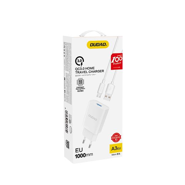 Dudao ładowarka sieciowa EU USB 5V/2.4A QC3.0 Quick Charge 3.0 + kabel przewód micro USB biały (A3EU + Micro white)-2148466