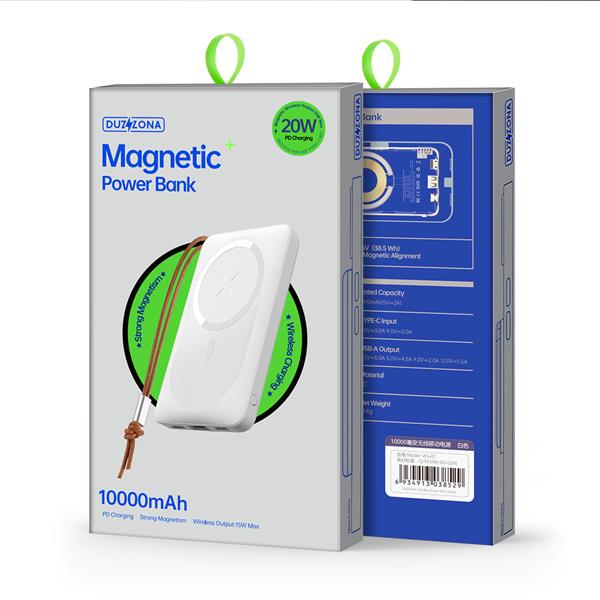 Duzzona magnetyczny powerbank 10000 mAh z funkcją ładowania bezprzewodowego (MagSafe, Qi) USB-A / USB-C 22,5W biały (W5)-2411020