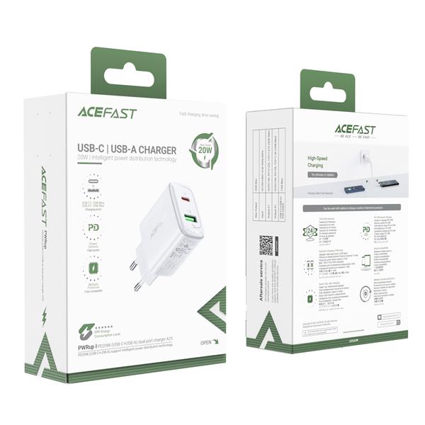 Acefast ładowarka sieciowa USB Typ C / USB 20W, PPS, PD, QC 3.0, AFC, FCP biały (A25 white)-2269711
