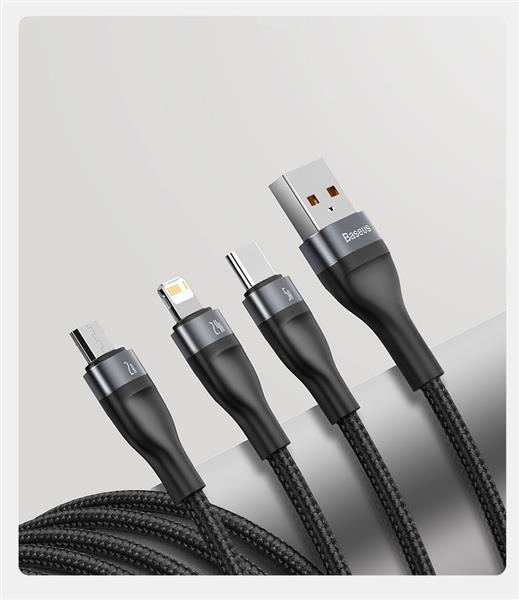 Baseus 3w1 kabel USB - Lightning / USB Typ C / micro USB (ładowanie 5 A / przesyłanie danych 480 Mbps) 1,2 m 40 W czarno-szary (CA1T3-G1)-2167499