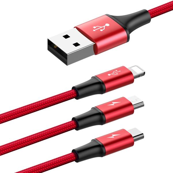 Baseus Rapid kabel 3w1 USB - micro USB / Lightning / USB-C w nylonowym oplocie 3A 1,2M czerwony (CAMLT-SU09)-2142543