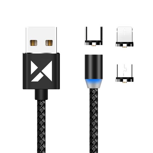 Wozinsky magnetyczny kabel przewód USB / micro USB / USB Typ C / Lightning 2,4A 1m z diodą LED czarny (WMC-01)-2962667