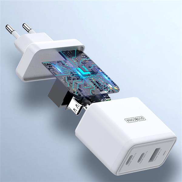Duzzona 3-portowa ładowarka sieciowa GaN 2 x USB Typ C + USB 65W PD QC3.0 biała (T1)-2411062