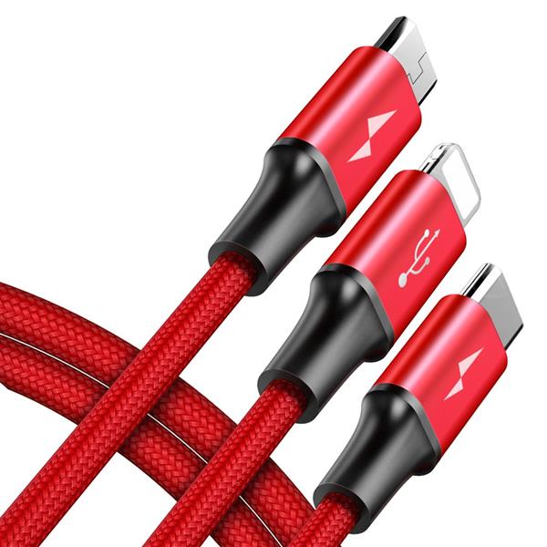 Baseus Rapid kabel 3w1 USB - micro USB / Lightning / USB-C w nylonowym oplocie 3A 1,2M czerwony (CAMLT-SU09)-2142542