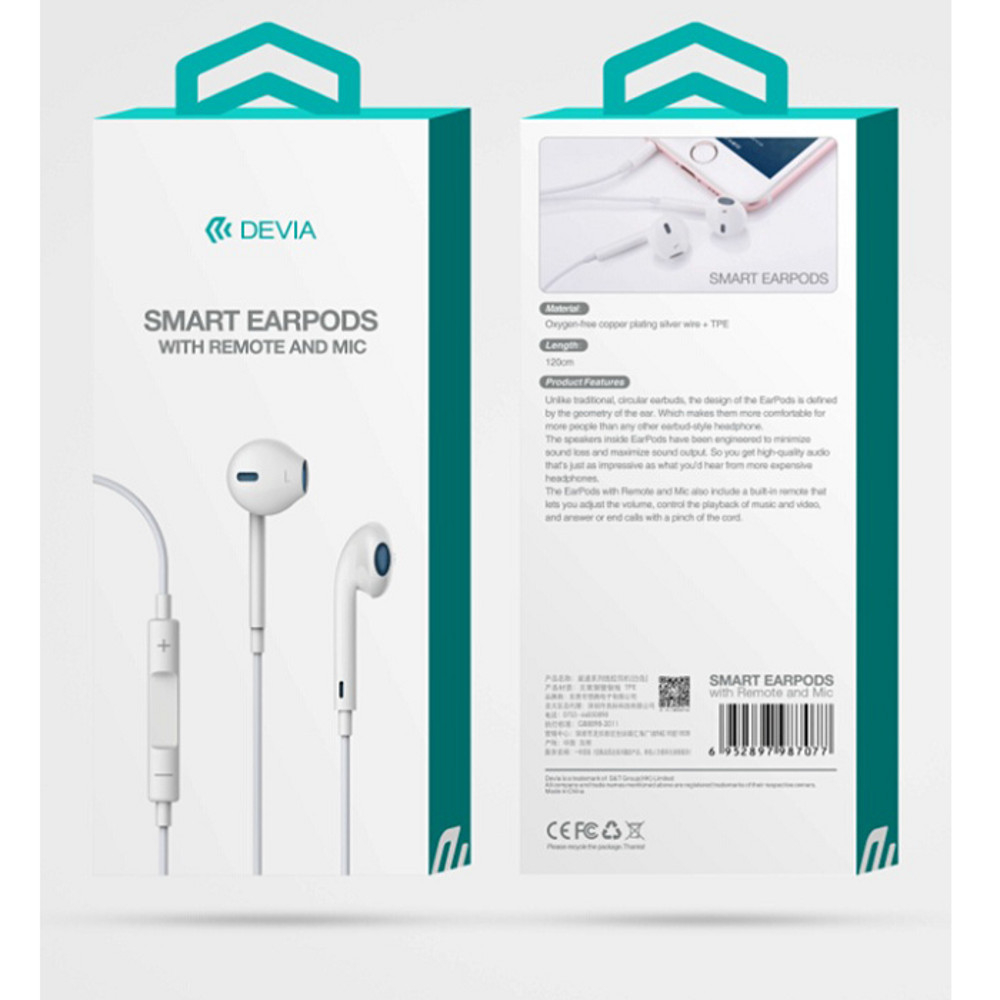 Devia słuchawki przewodowe Smart EarPods douszne jack 3,5mm douszne białe-2102051