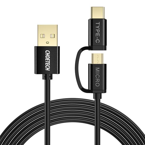 Choetech 2w1 kabel przewód USB - USB Typ C / micro USB 1,2m 3A czarny (XAC-0012-102BK)-2631039