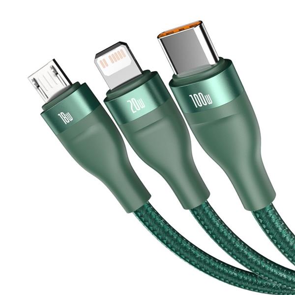 Baseus 3w1 kabel USB / USB Typ C - USB Typ C / Lightning / micro USB (5 A - 100 W / 20 W / 18 W) 1,2 m Power Delivery Quick Charge zielony (CA2T3-06)-2178998
